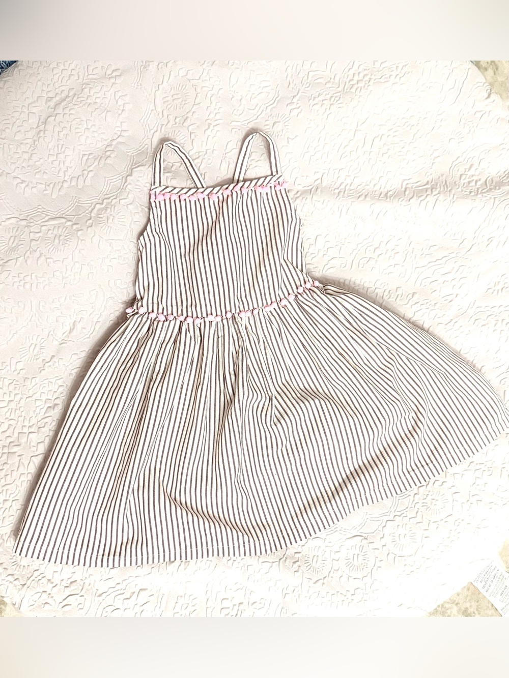 Girls' Striped Spaghetti-Strap Dress in White and Black with Pink Trim